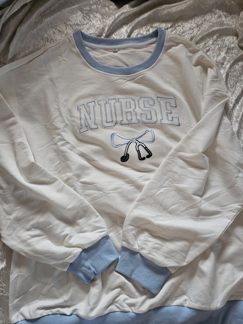 White and Light Blue 'NURSE' Pullover Sweatshirt